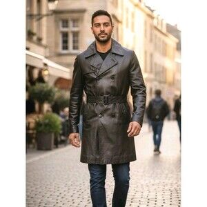 Vintage Mens Sz S Black Leather Trench Coat Removable Faux Fur Lining Old Money